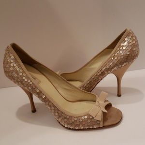 Prada gold sequins and satin peep toe sandals